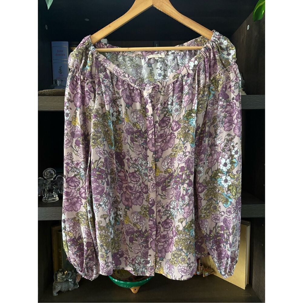 NWOT Gold Hawk Purple Floral Button Front Off The Shoulder Blouse Size Small